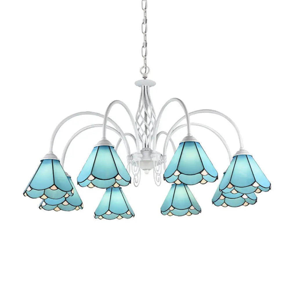 Mediterranean Blue Conical Glass Chandelier with White Arched Arm - Handcrafted Hanging Ceiling Light