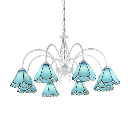 Mediterranean Blue Conical Glass Chandelier with White Arched Arm - Handcrafted Hanging Ceiling Light