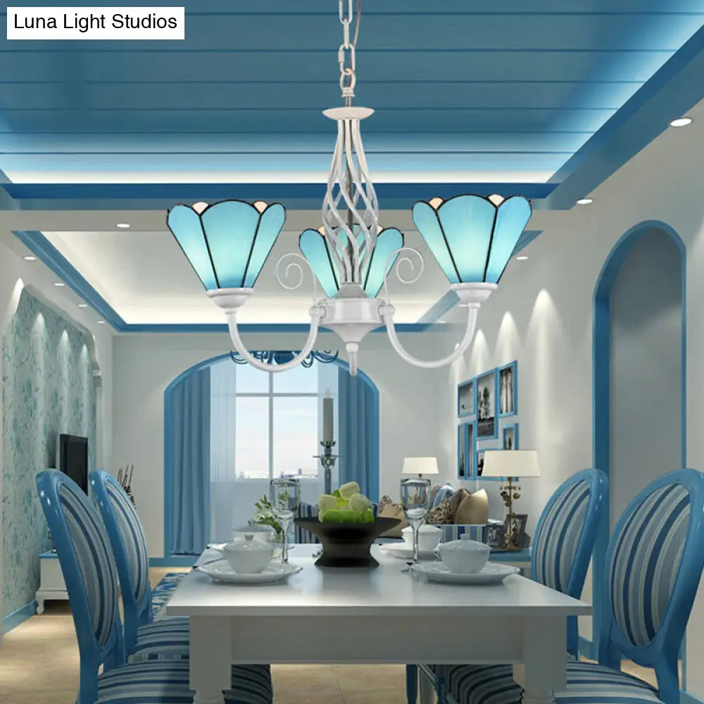 Mediterranean Blue Conical Glass Chandelier with White Arched Arm - Handcrafted Hanging Ceiling Light
