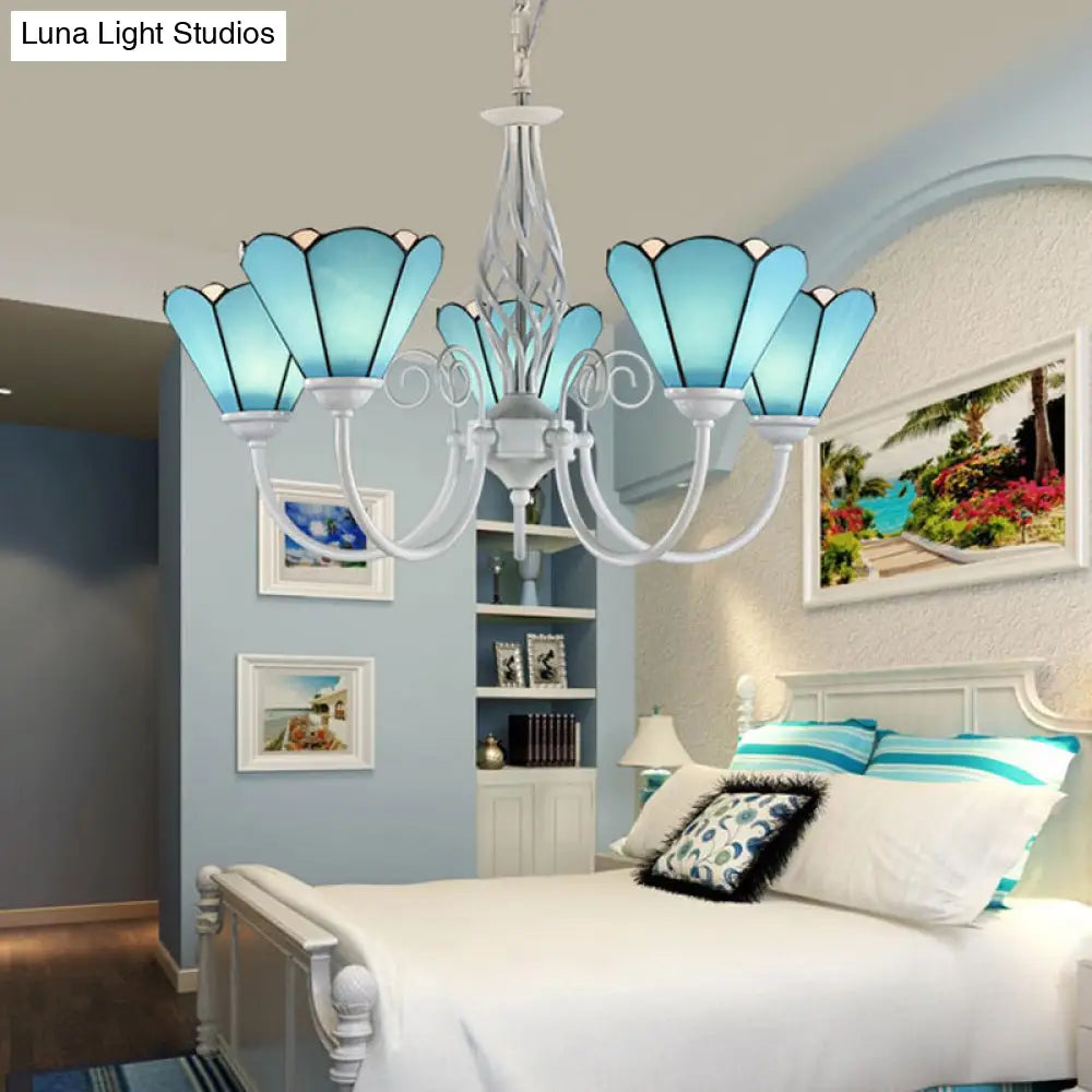 Mediterranean Blue Conical Glass Chandelier with White Arched Arm - Handcrafted Hanging Ceiling Light