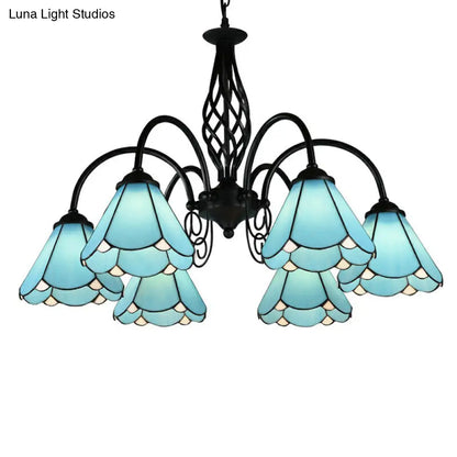 Mediterranean Blue Glass Floral Chandelier Light - Elegant Ceiling Lamp for Living Room