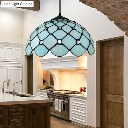 Mediterranean Blue Glass Jewel Hanging Light Fixture - 1-Light Pendant for Kitchen Island