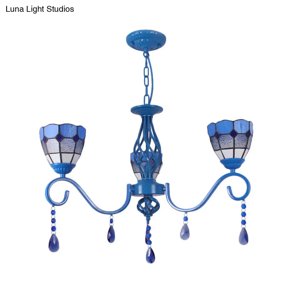 Lámpara colgante de cristal azul mediterráneo con cadena metálica de 30 cm (12") - Cúpula de luz colgante de 3 luces