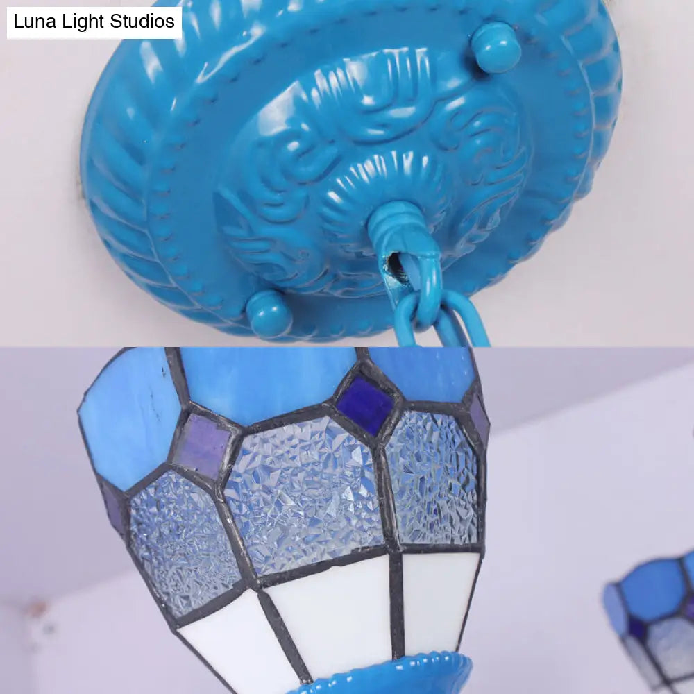 Lámpara colgante de cristal azul mediterráneo con cadena metálica de 30 cm (12") - Cúpula de luz colgante de 3 luces