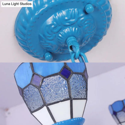 Lámpara colgante de cristal azul mediterráneo con cadena metálica de 30 cm (12") - Cúpula de luz colgante de 3 luces