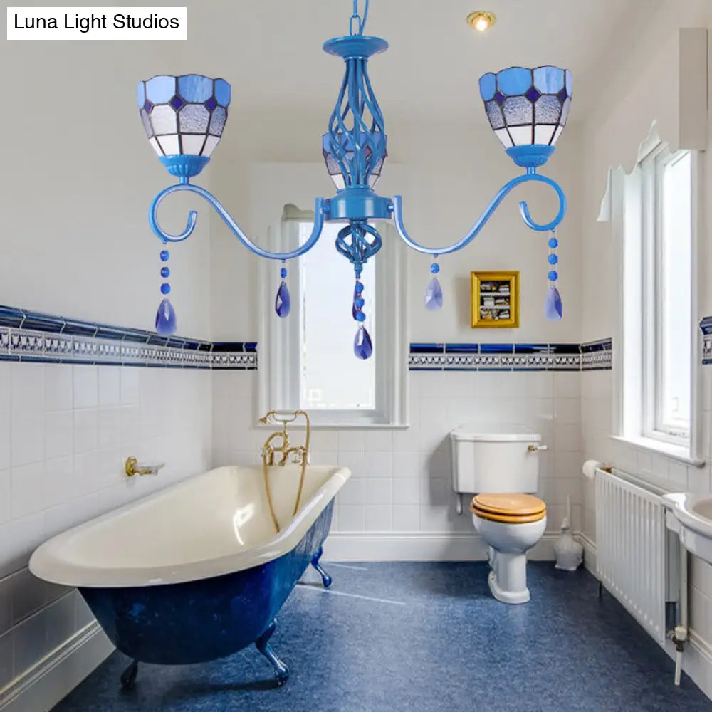 Lámpara colgante de cristal azul mediterráneo con cadena metálica de 30 cm (12") - Cúpula de luz colgante de 3 luces