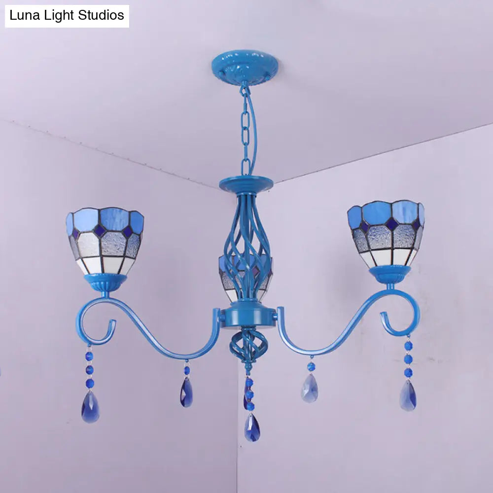 Lámpara colgante de cristal azul mediterráneo con cadena metálica de 30 cm (12") - Cúpula de luz colgante de 3 luces