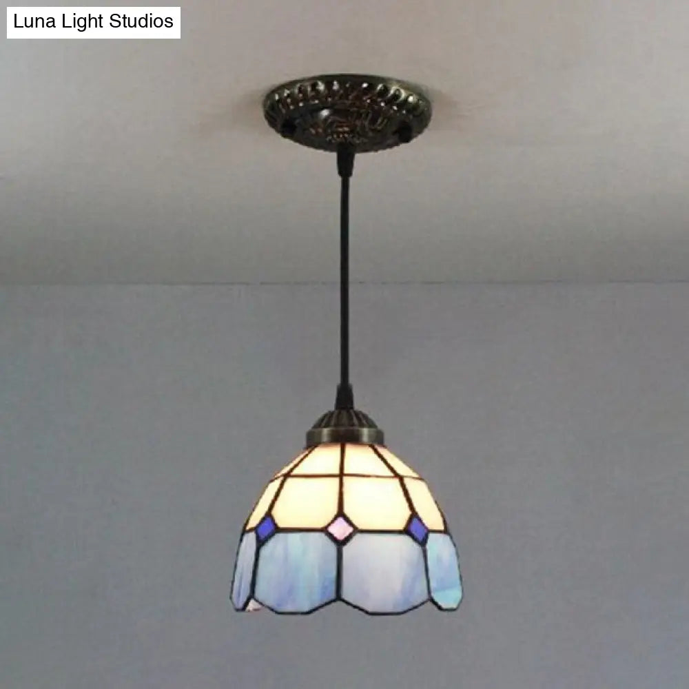 Mediterranean Blue Handcrafted Art Glass Pendant Lamp with Dome Down Lighting