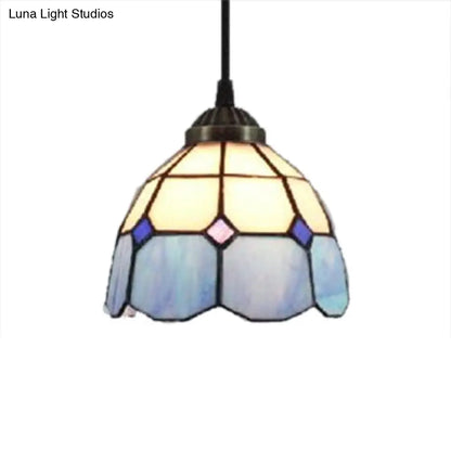 Mediterranean Blue Handcrafted Art Glass Pendant Lamp with Dome Down Lighting