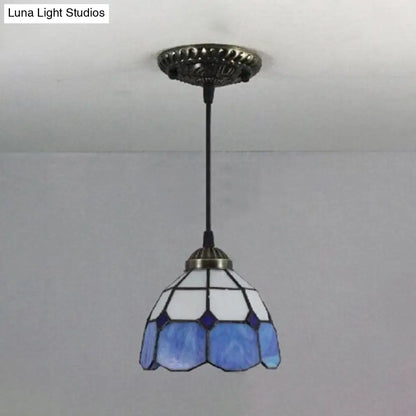 Mediterranean Blue Handcrafted Art Glass Pendant Lamp with Dome Down Lighting