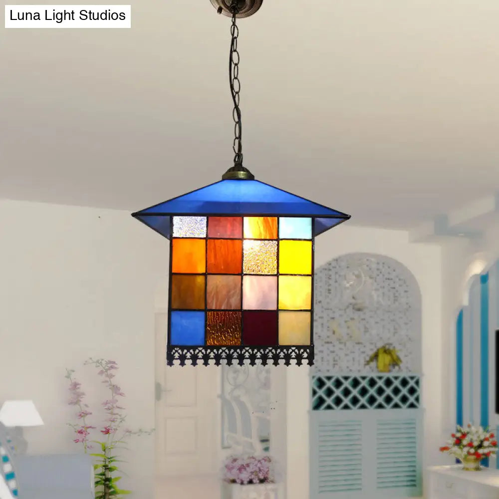 Mediterranean Blue Stained Glass House Shaped Pendant Ceiling Light - 1-Light Suspension Lighting