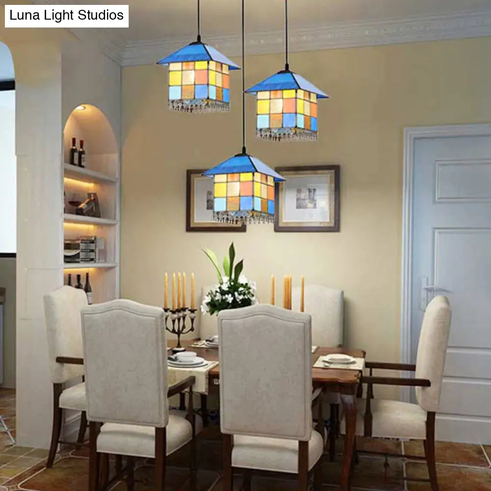 Mediterranean Blue Stained Glass House Shaped Pendant Ceiling Light - 1-Light Suspension Lighting