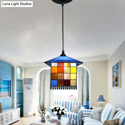 Mediterranean Blue Stained Glass House Shaped Pendant Ceiling Light - 1-Light Suspension Lighting