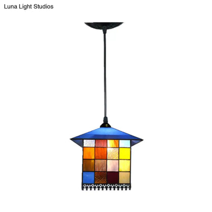 Mediterranean Blue Stained Glass House Shaped Pendant Ceiling Light - 1-Light Suspension Lighting