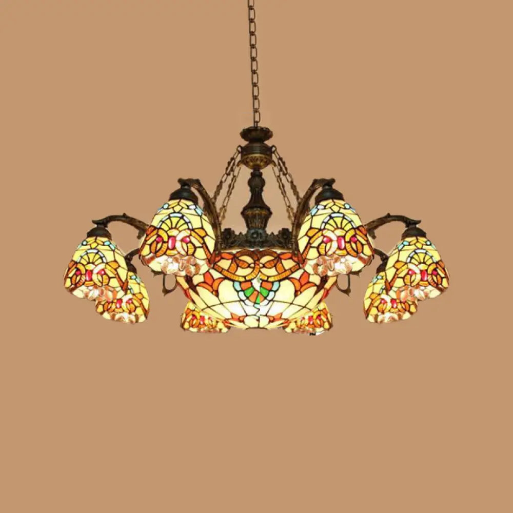 Mediterranean Brown Pendant Chandelier with Flower Stained Glass Shade - 8/11 Lights for Living Room Ceiling