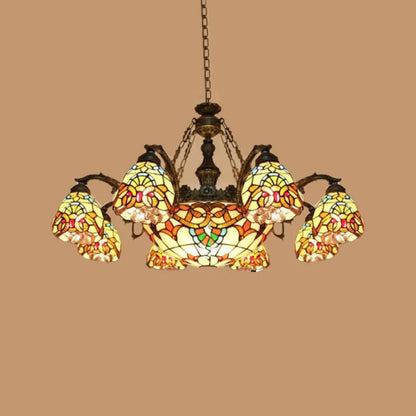 Mediterranean Brown Pendant Chandelier with Flower Stained Glass Shade - 8/11 Lights for Living Room Ceiling