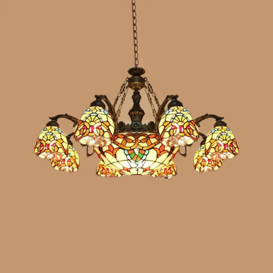 Mediterranean Brown Pendant Chandelier with Flower Stained Glass Shade - 8/11 Lights for Living Room Ceiling