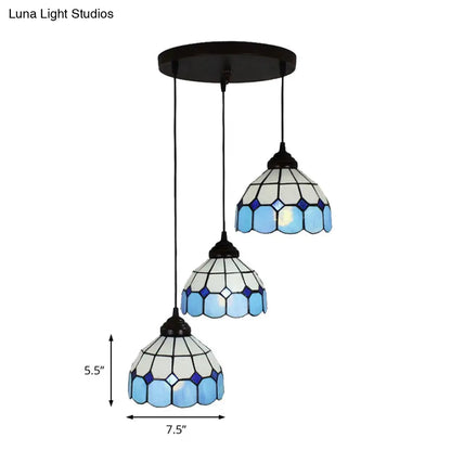 Mediterranean Cut Glass 3-Light Blue Multi Pendant Bowl Hanging Light Fixture - Perfect for Bedrooms