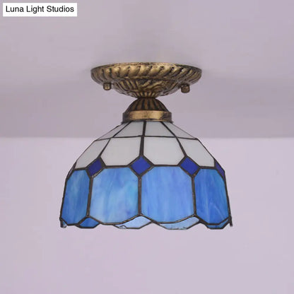 DecorBites™ DecorBites™ Mediterranean Cut Glass Small Floral Ceiling Mount Lamp - 1 Head Semi Flush Mount Lighting for Elegant Foyer