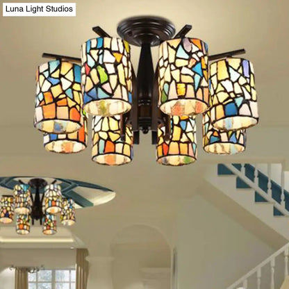 DecorBites™ DecorBites™ Mediterranean Cylinder Glass Ceiling Mount - Semi Flush Light (6/8 Lights) in Black for Living Room