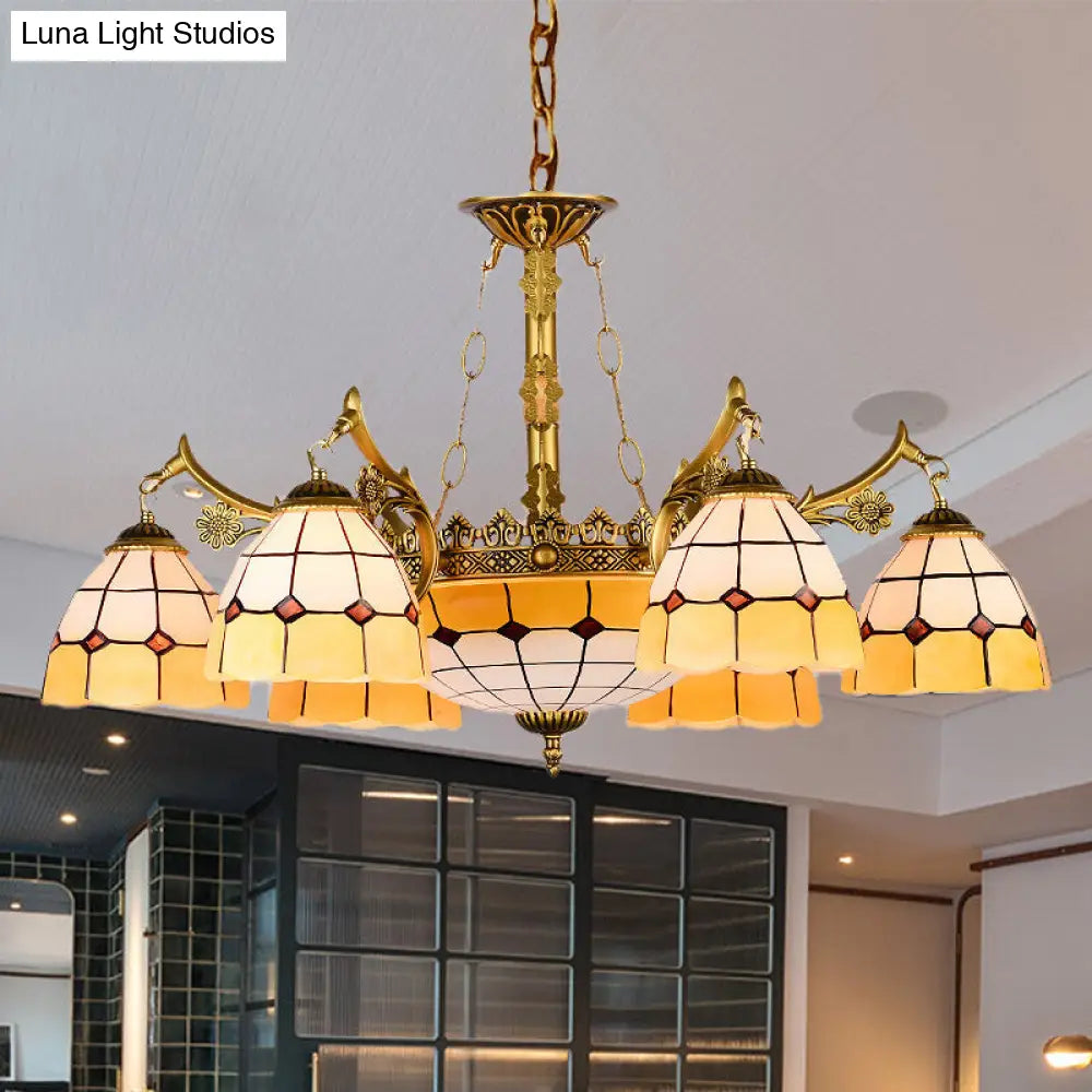 Mediterranean Dome Chandelier with 11 Yellow Stained Glass Lights - Perfect for Living Rooms
