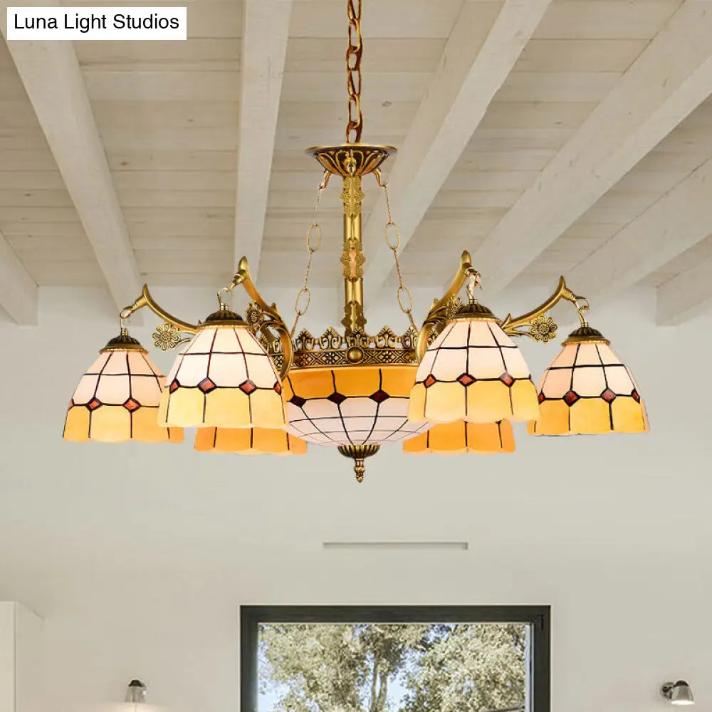 Mediterranean Dome Chandelier with 11 Yellow Stained Glass Lights - Perfect for Living Rooms