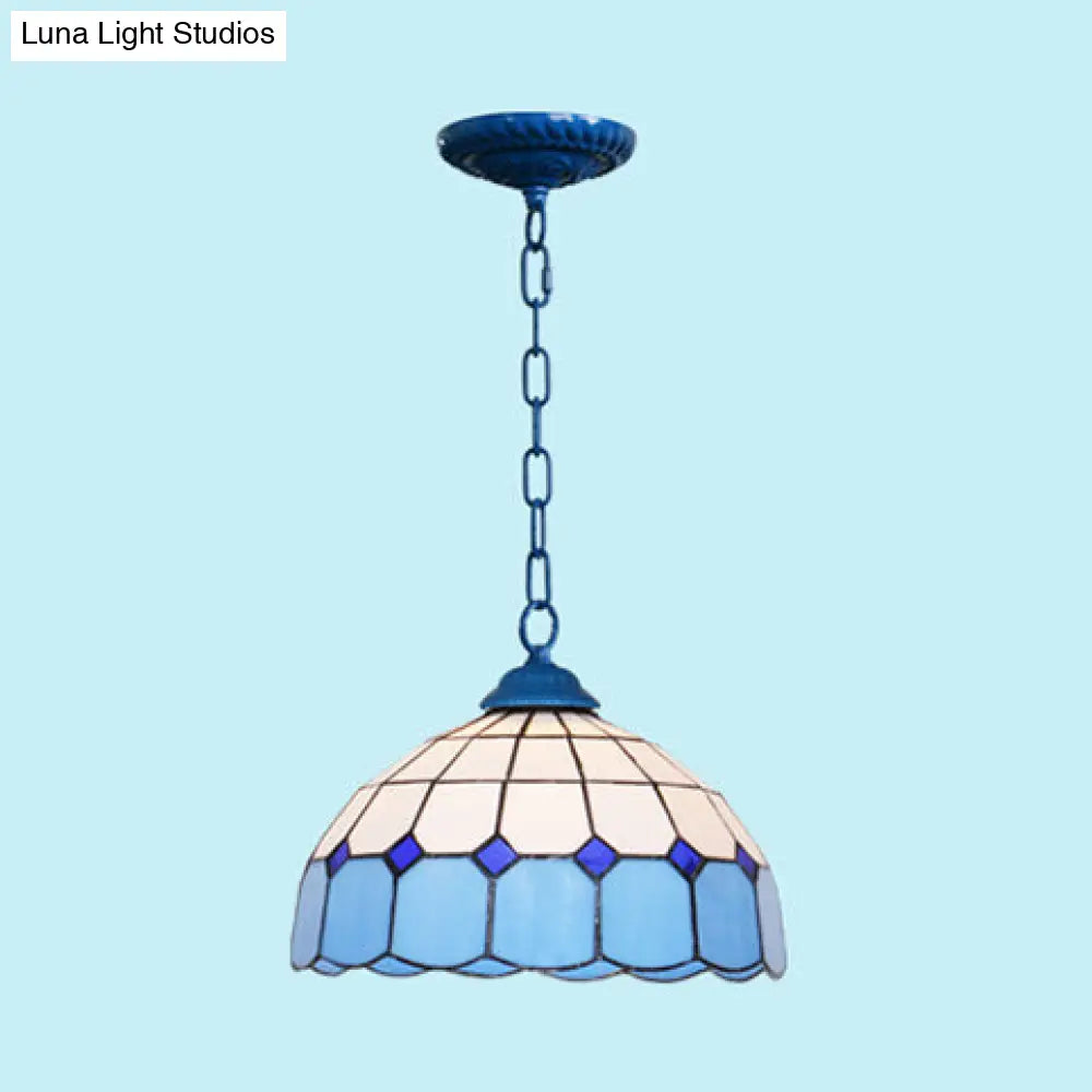 Mediterranean Dome Stained Art Glass Pendant Light in White/Blue/Bronze