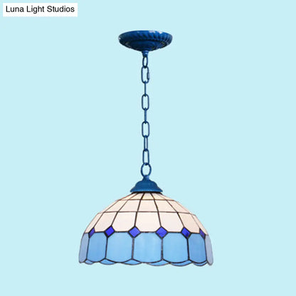 Mediterranean Dome Stained Art Glass Pendant Light in White/Blue/Bronze