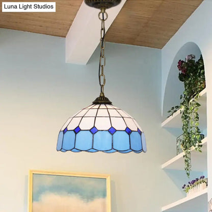 Mediterranean Dome Stained Art Glass Pendant Light in White/Blue/Bronze