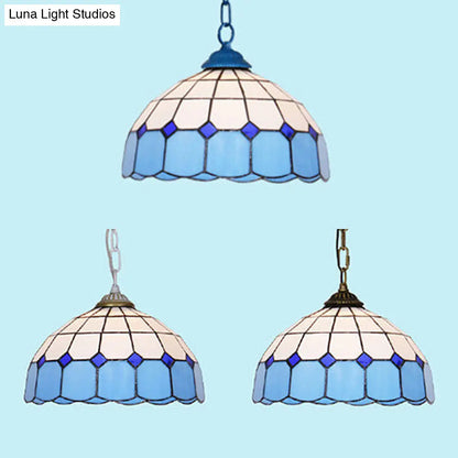 Mediterranean Dome Stained Art Glass Pendant Light in White/Blue/Bronze