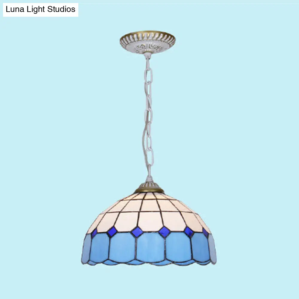 Mediterranean Dome Stained Art Glass Pendant Light in White/Blue/Bronze