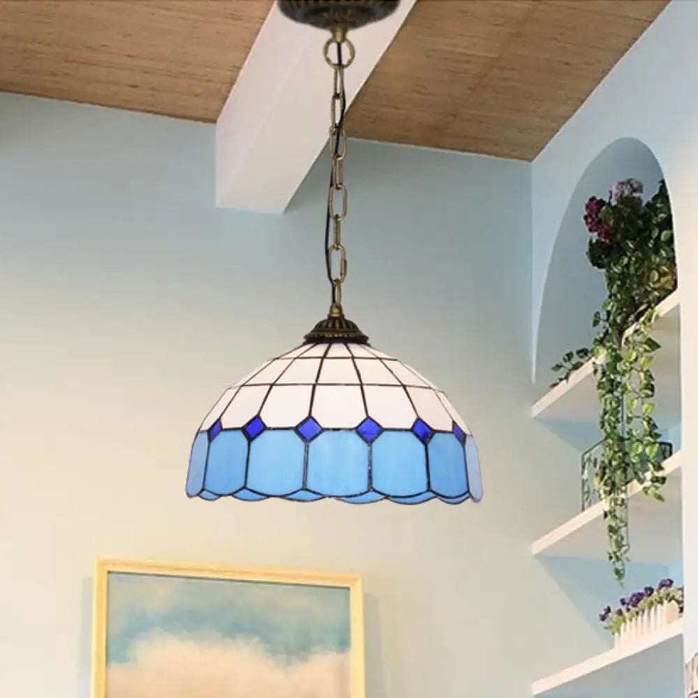 Mediterranean Dome Stained Art Glass Pendant Light in White/Blue/Bronze