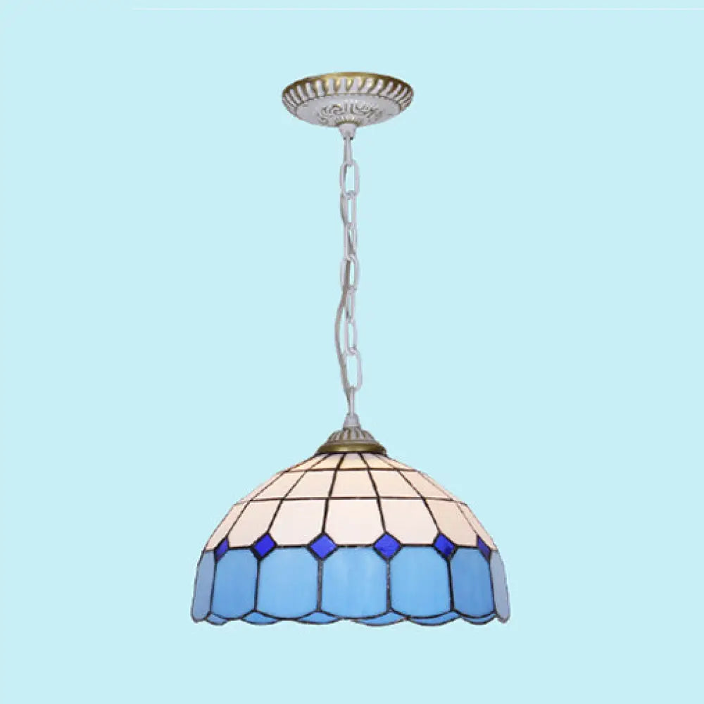 Mediterranean Dome Stained Art Glass Pendant Light in White/Blue/Bronze