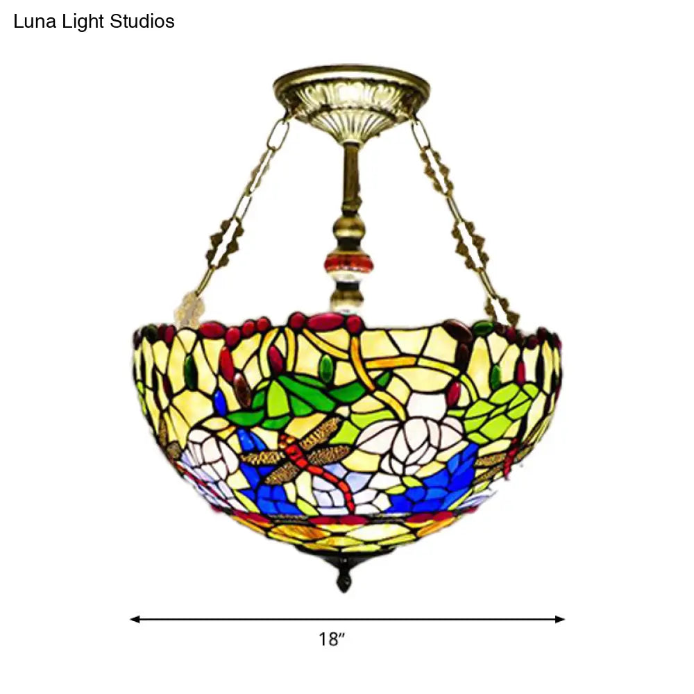 DecorBites™ DecorBites™ Mediterranean Dragonfly Stained Glass Ceiling Light - 5-Light Brass Flush Mount