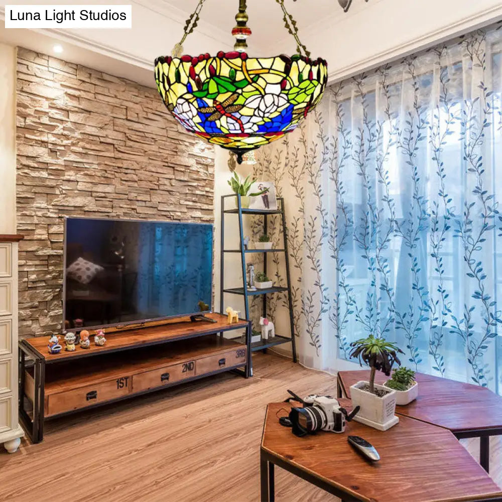 DecorBites™ DecorBites™ Mediterranean Dragonfly Stained Glass Ceiling Light - 5-Light Brass Flush Mount