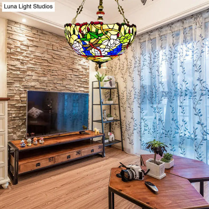 DecorBites™ DecorBites™ Mediterranean Dragonfly Stained Glass Ceiling Light - 5-Light Brass Flush Mount