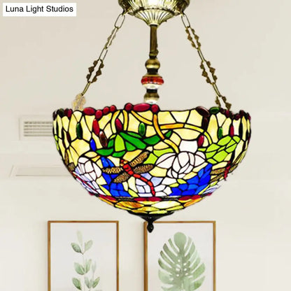 DecorBites™ DecorBites™ Mediterranean Dragonfly Stained Glass Ceiling Light - 5-Light Brass Flush Mount