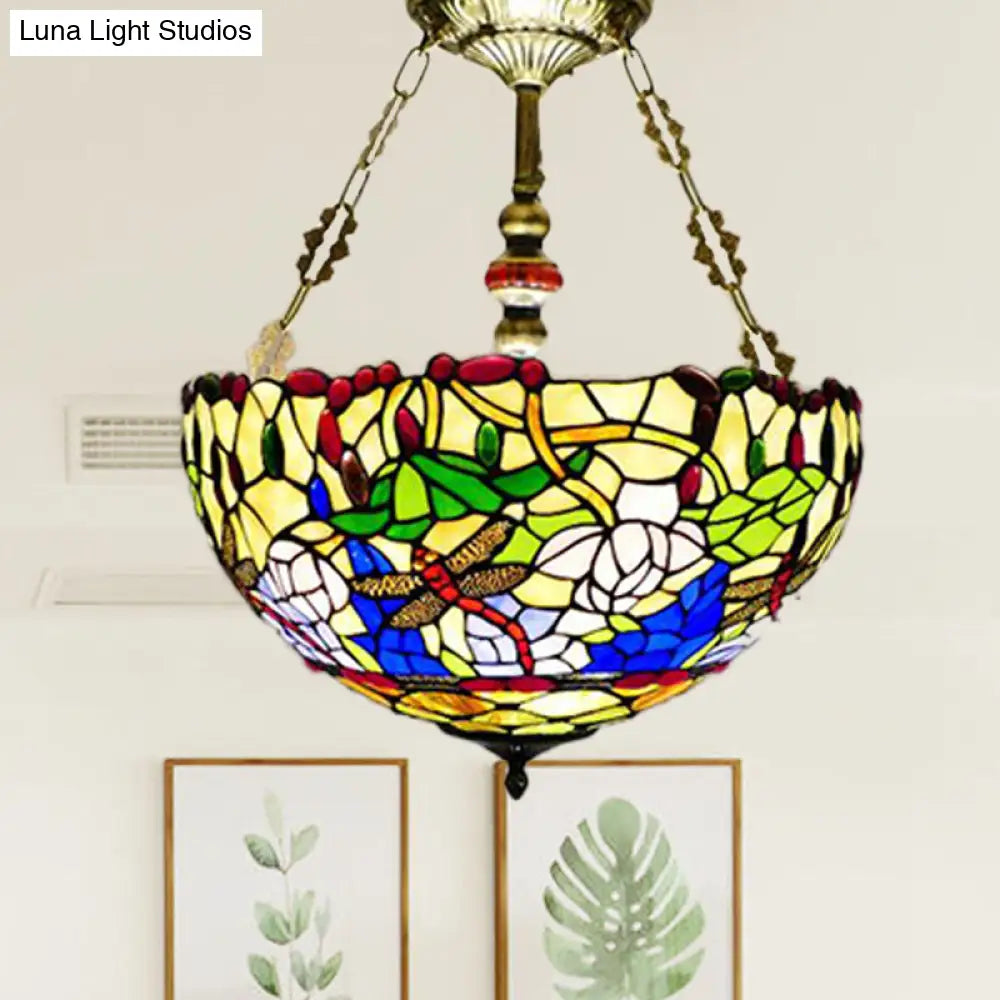 Mediterranean Dragonfly Stained Glass Ceiling Light - 5-Light Brass Flush Mount