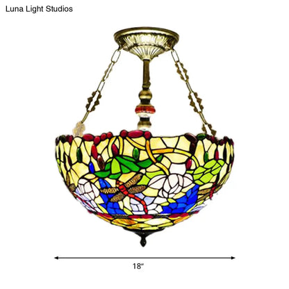 DecorBites™ DecorBites™ Mediterranean Dragonfly Stained Glass Ceiling Light - 5-Light Brass Flush Mount