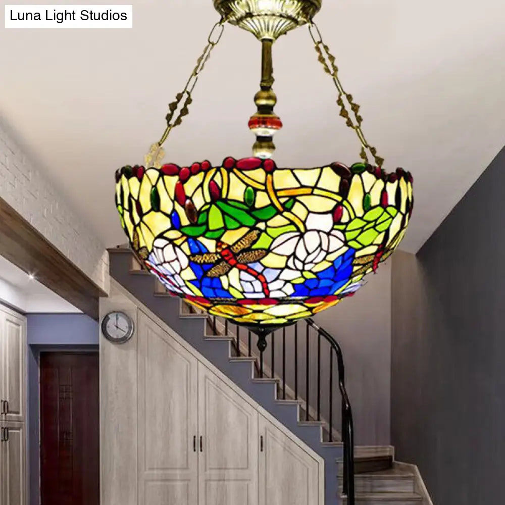 Mediterranean Dragonfly Stained Glass Ceiling Light - 5-Light Brass Flush Mount