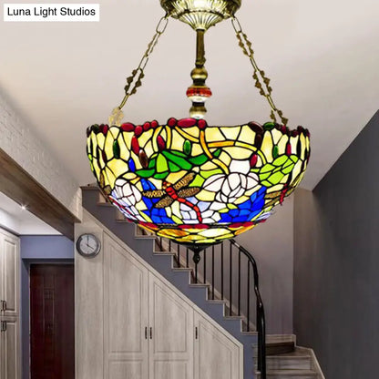 Mediterranean Dragonfly Stained Glass Ceiling Light - 5-Light Brass Flush Mount