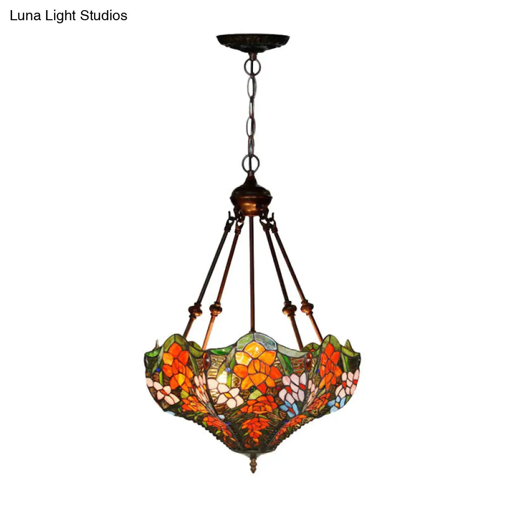 Mediterranean Floral Stained Art Glass Chandelier Pendant Light with 3 Hanging Lamps in Red/Orange/Green