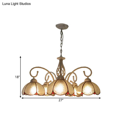 Mediterranean Flower Glass Pendant Chandelier - 5 Bulb Ceiling Lighting Fixture in White with Swirled Arm