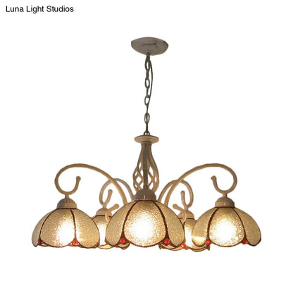 Mediterranean Flower Glass Pendant Chandelier - 5 Bulb Ceiling Lighting Fixture in White with Swirled Arm