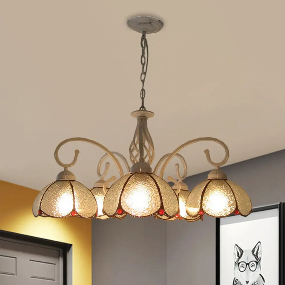 Mediterranean Flower Glass Pendant Chandelier - 5 Bulb Ceiling Lighting Fixture in White with Swirled Arm