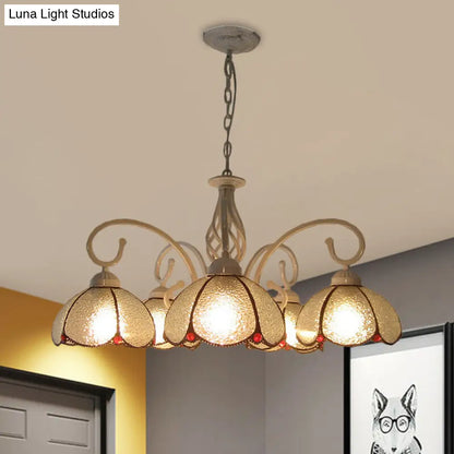 Mediterranean Flower Glass Pendant Chandelier - 5 Bulb Ceiling Lighting Fixture in White with Swirled Arm