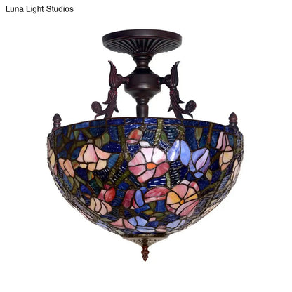 Mediterranean Flower Stained Glass Ceiling Light for Bedroom - 3-Light Semi Flush Mount in White/Red/Yellow