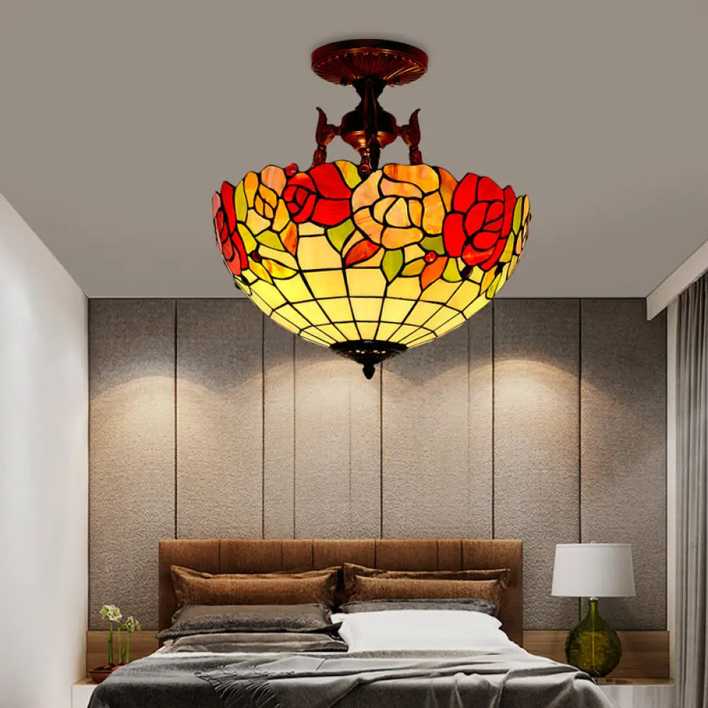 Mediterranean Flower Stained Glass Ceiling Light for Bedroom - 3-Light Semi Flush Mount in White/Red/Yellow