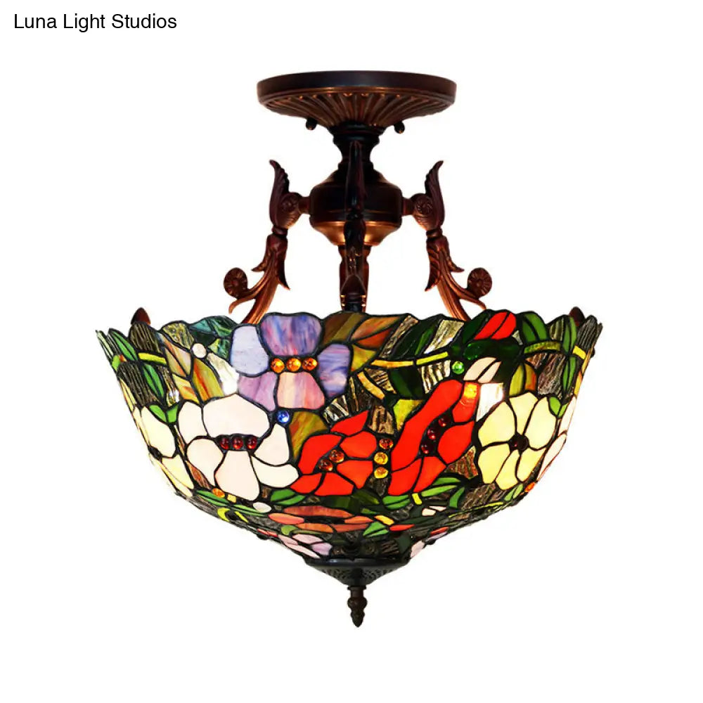 Mediterranean Flower Stained Glass Ceiling Light for Bedroom - 3-Light Semi Flush Mount in White/Red/Yellow