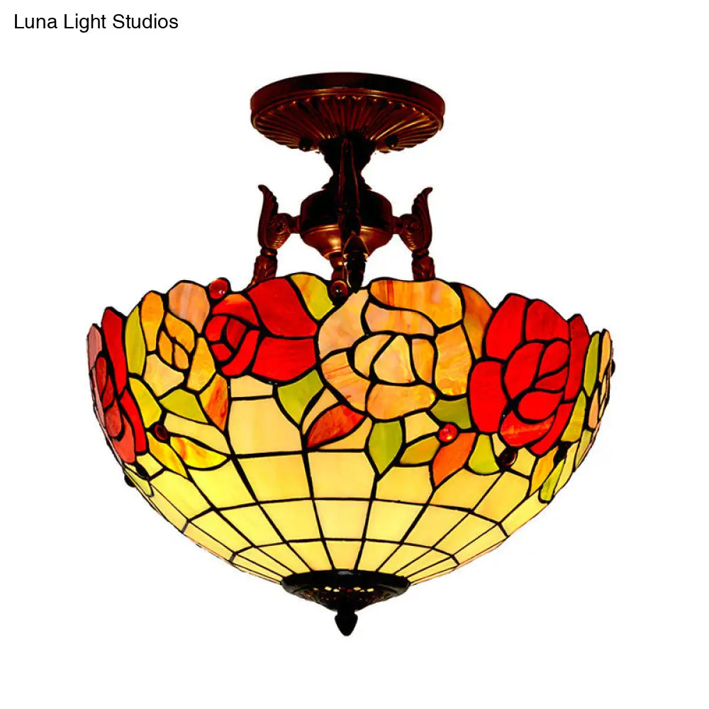 Mediterranean Flower Stained Glass Ceiling Light for Bedroom - 3-Light Semi Flush Mount in White/Red/Yellow